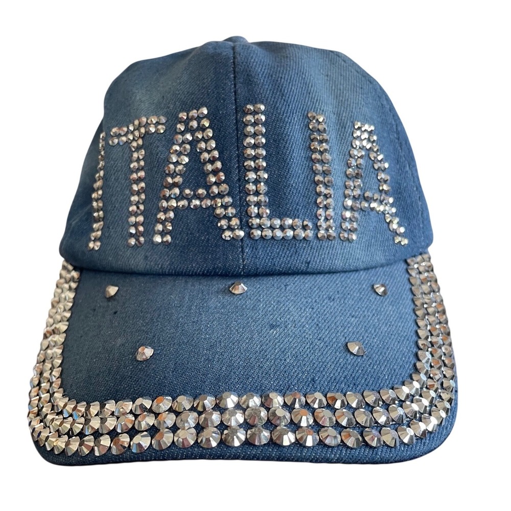 Italia Rhinestone Denim Baseball Cap Blue Studded Crystal Adjustable Hat Cotton